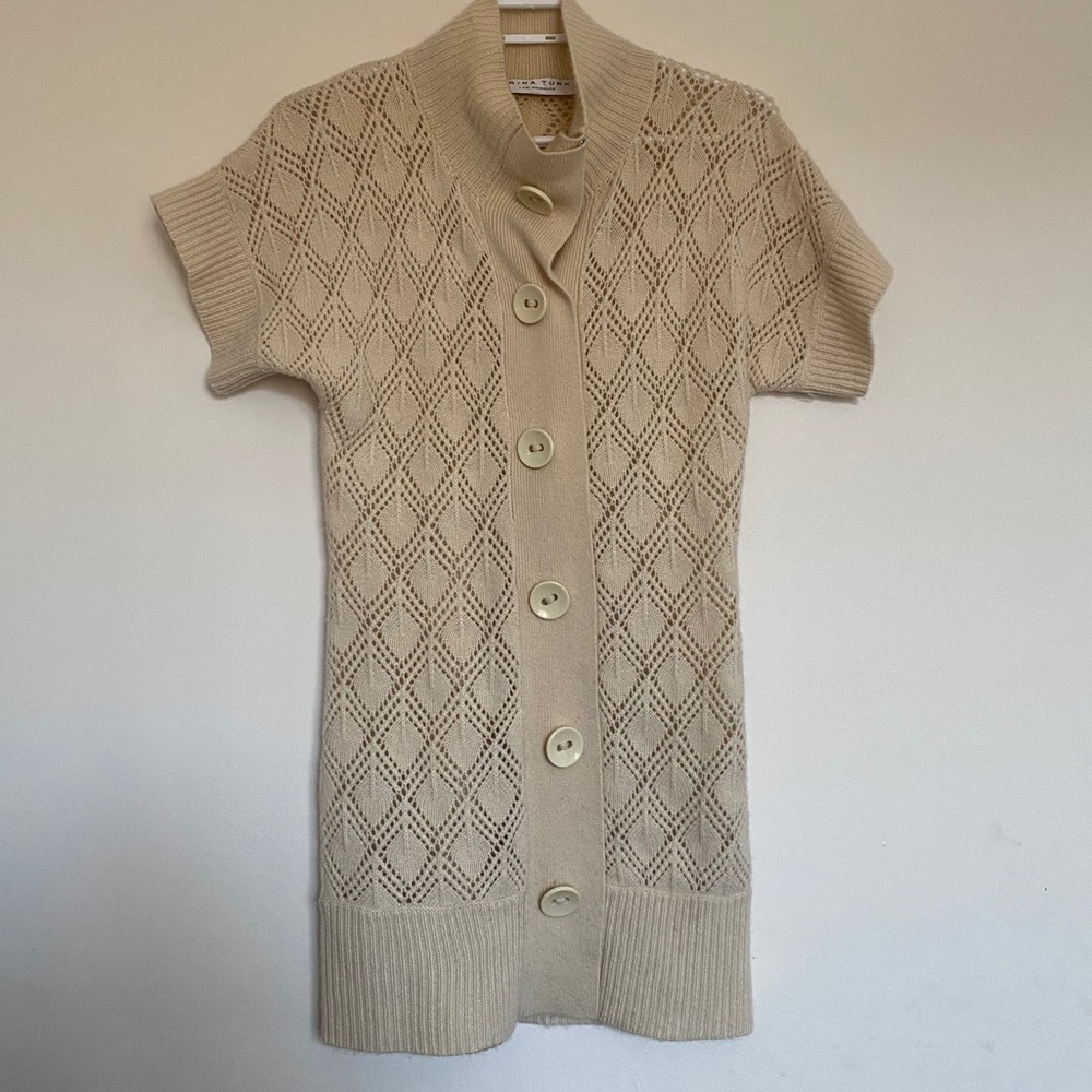 Trina Turk cashmere wool cream pointelle knit card